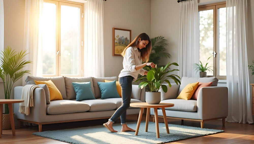 Bright and cozy living room designed with modern decor and natural elements.